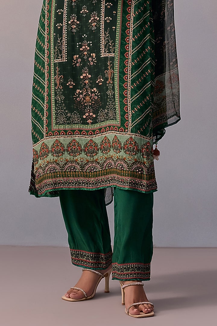Bottle Green Viscose Crepe Printed & Embroidered Straight Kurta Set by Kalista at Pernia's Pop Up Shop