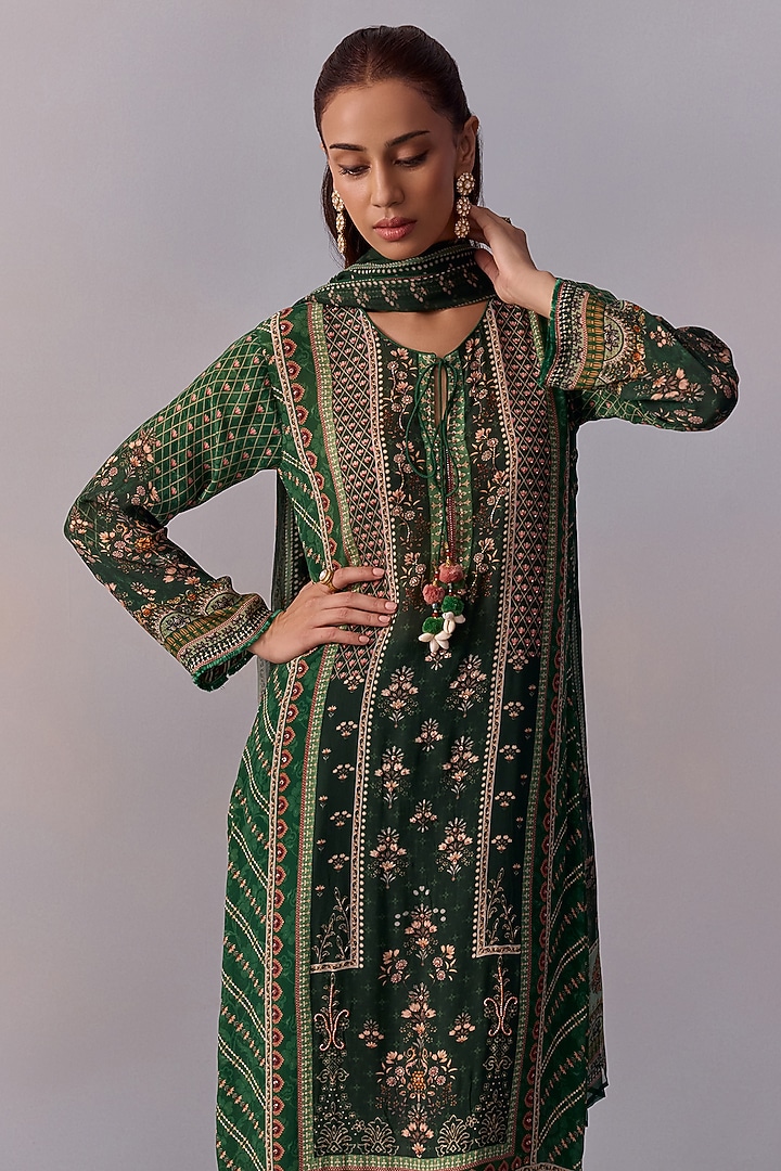 Bottle Green Viscose Crepe Printed & Embroidered Straight Kurta Set by Kalista at Pernia's Pop Up Shop