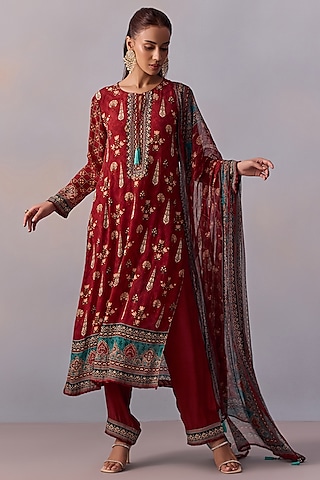 Maroon Viscose Crepe Printed & Embroidered Straight Kurta Set by Kalista