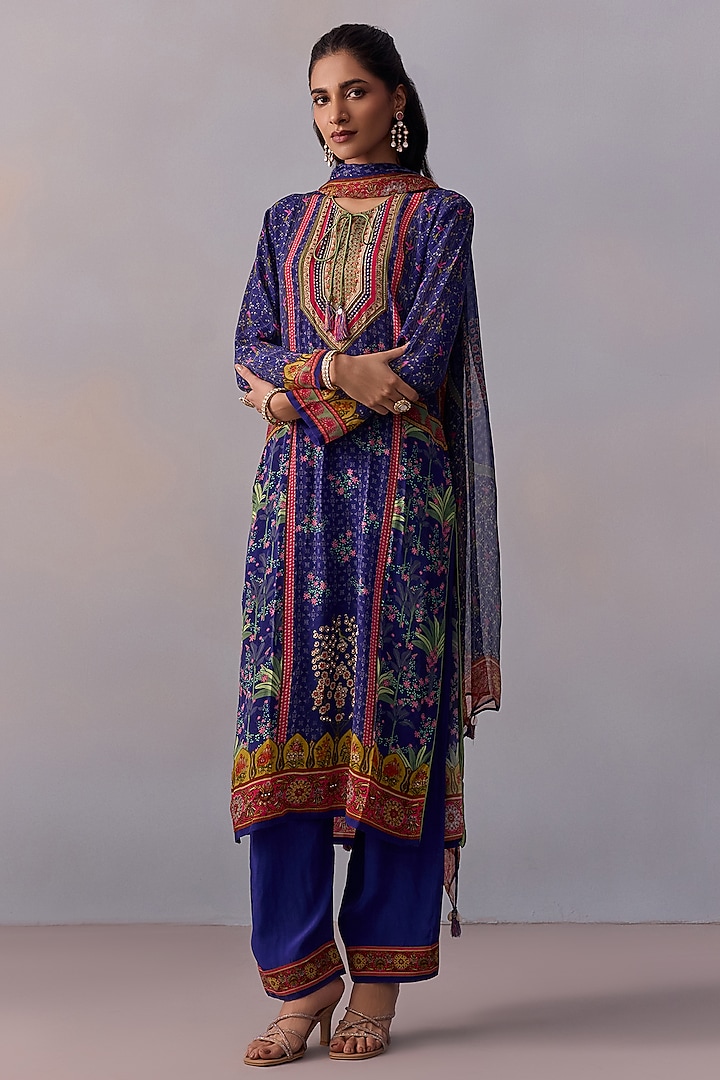 Midnight Blue Viscose Crepe Floral Motif Kurta Set by Kalista at Pernia's Pop Up Shop