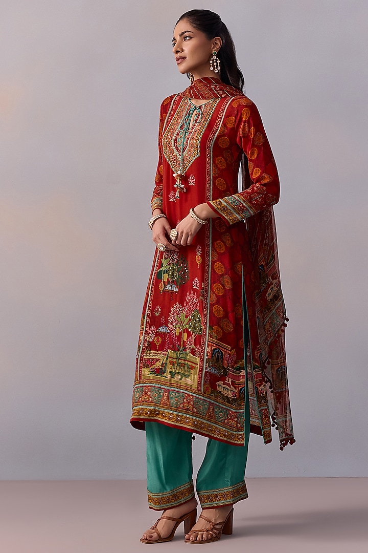 Red Viscose Crepe Printed & Embroidered Straight Kurta Set by Kalista at Pernia's Pop Up Shop