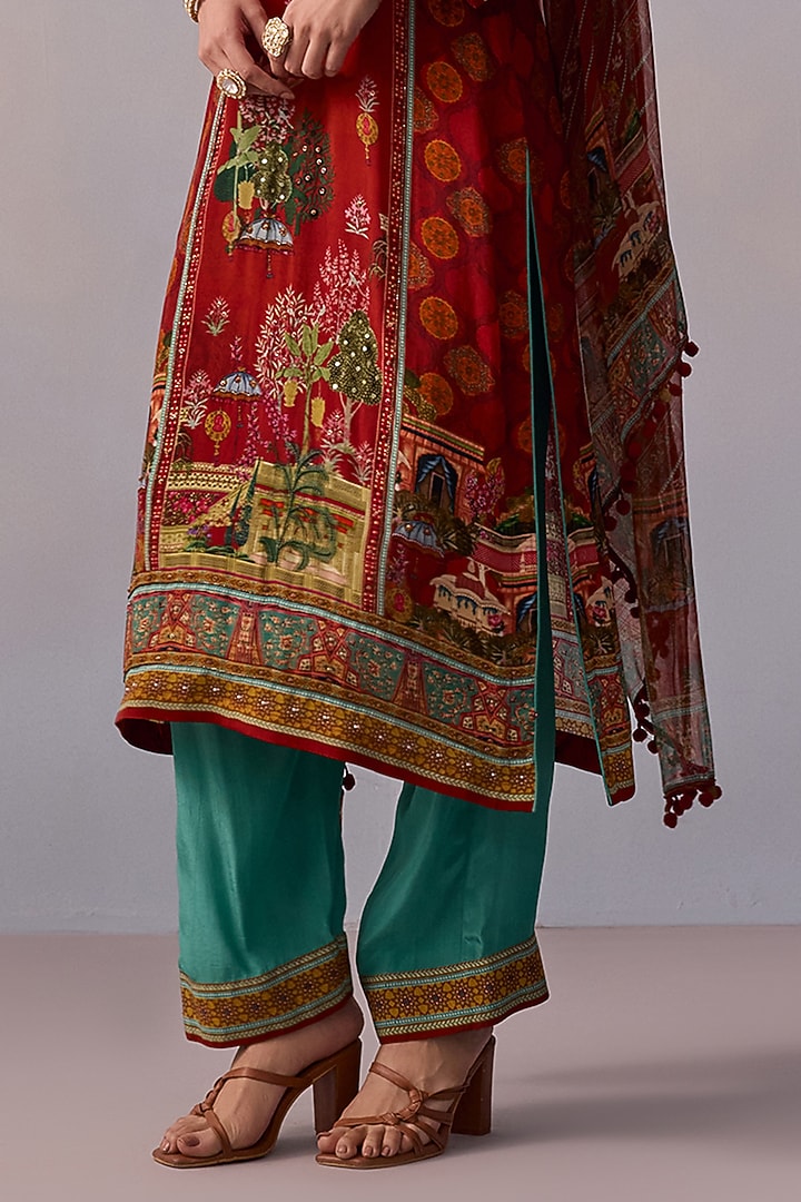 Red Viscose Crepe Printed & Embroidered Straight Kurta Set by Kalista at Pernia's Pop Up Shop