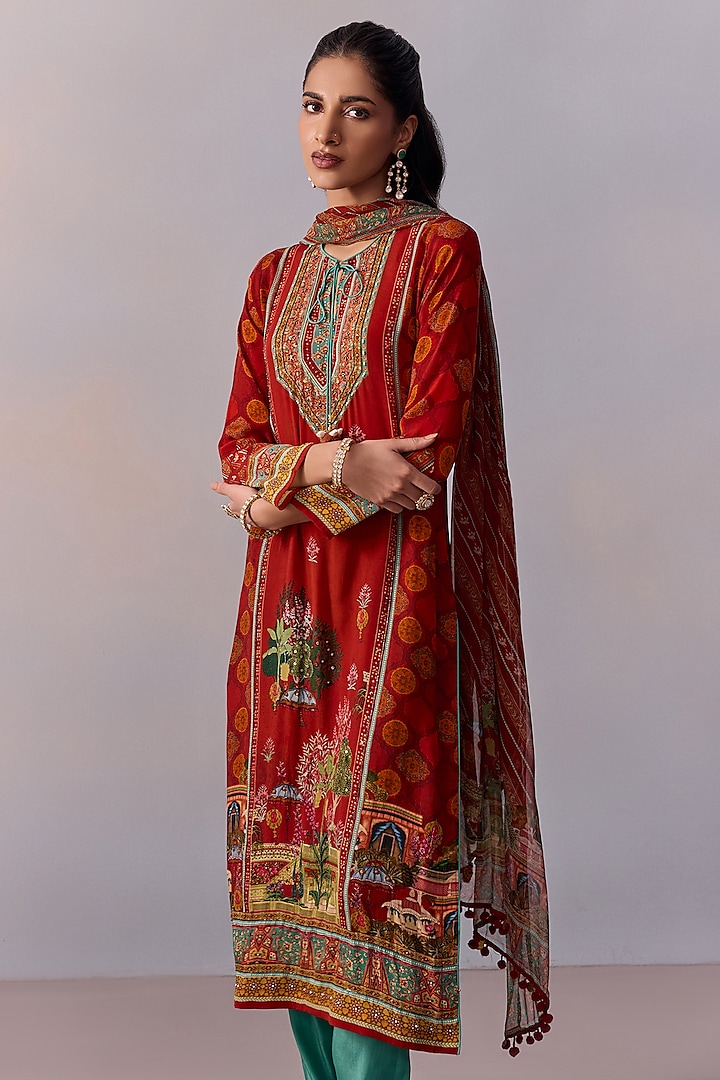 Red Viscose Crepe Printed & Embroidered Straight Kurta Set by Kalista at Pernia's Pop Up Shop
