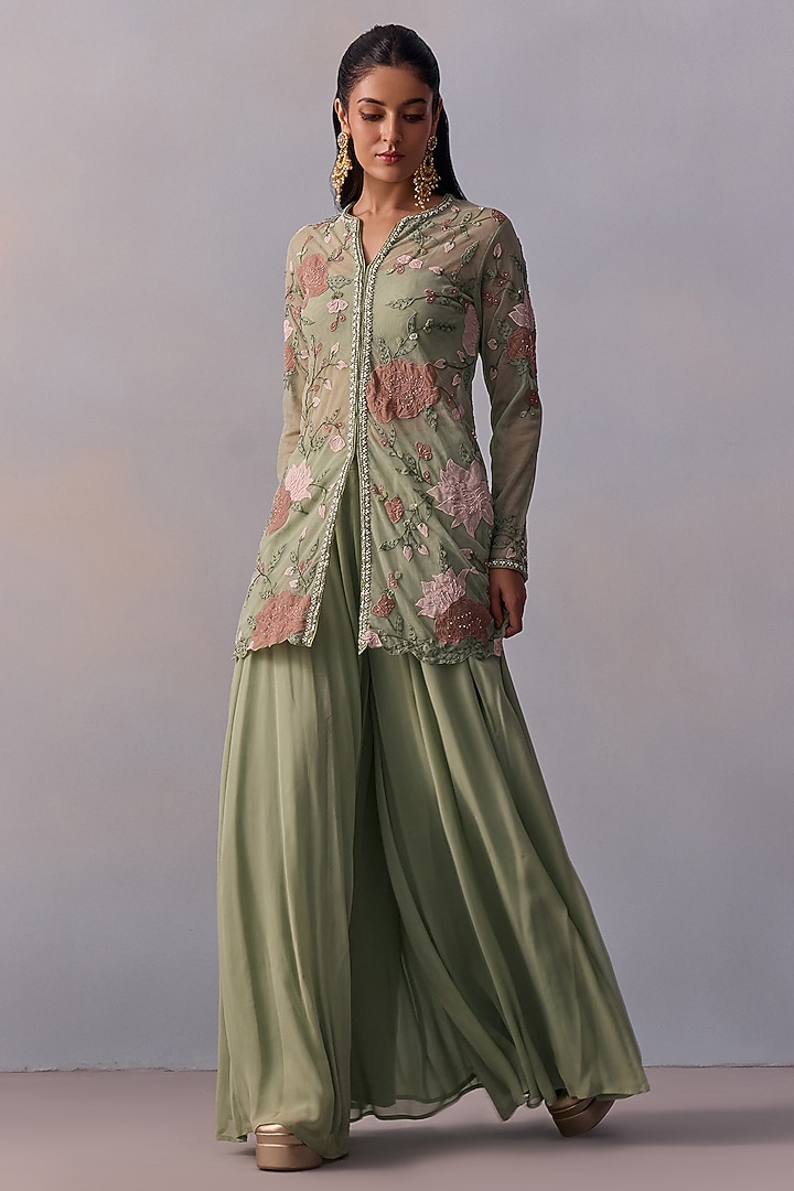 Sea Green Viscose Georgette Wedding Sharara Set by Kalista at Pernia's Pop Up Shop