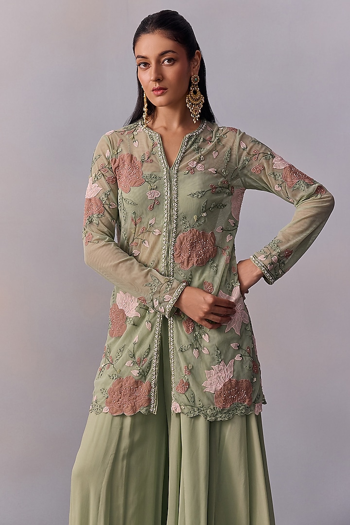 Sea Green Viscose Georgette Wedding Sharara Set by Kalista at Pernia's Pop Up Shop