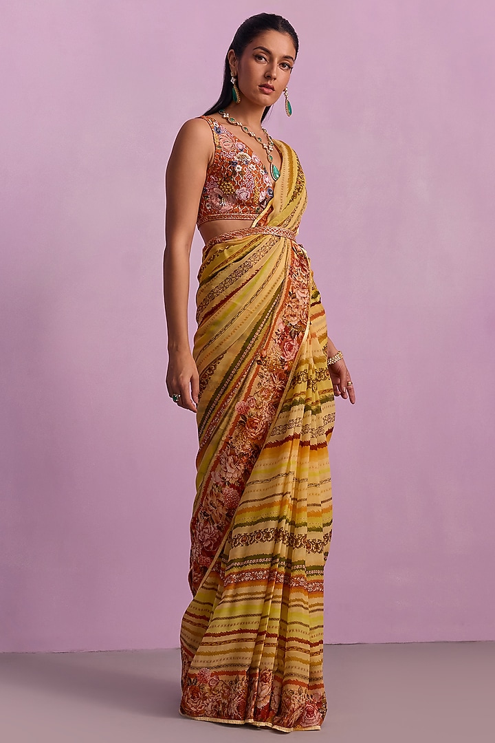 Cream Chinon Floral Printed Saree Set by Kalista at Pernia's Pop Up Shop