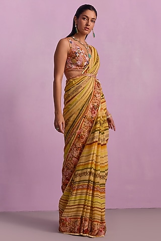 Cream Chinon Floral Printed Saree Set by Kalista
