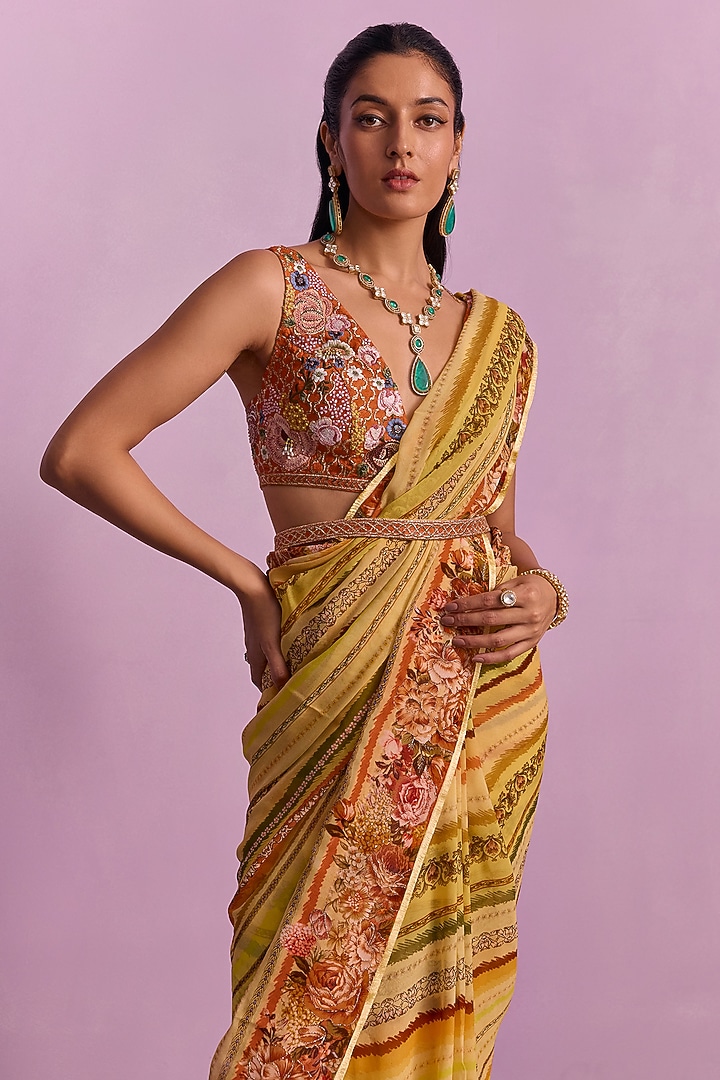 Cream Chinon Floral Printed Wedding Saree Set by Kalista at Pernia's Pop Up Shop