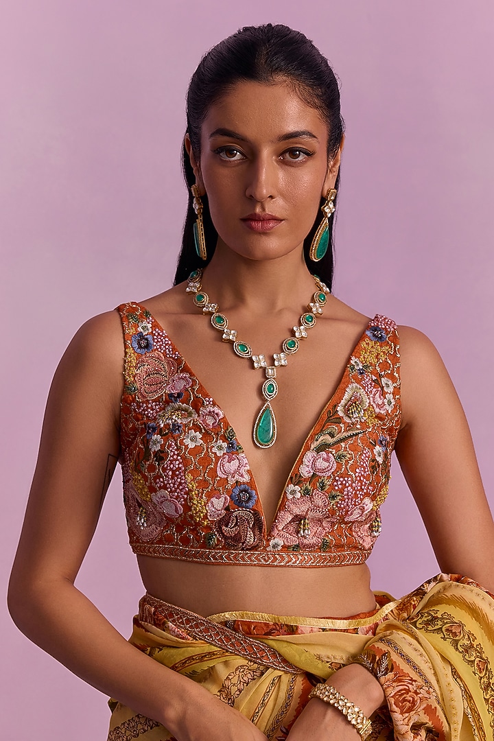Cream Chinon Floral Printed Wedding Saree Set by Kalista at Pernia's Pop Up Shop
