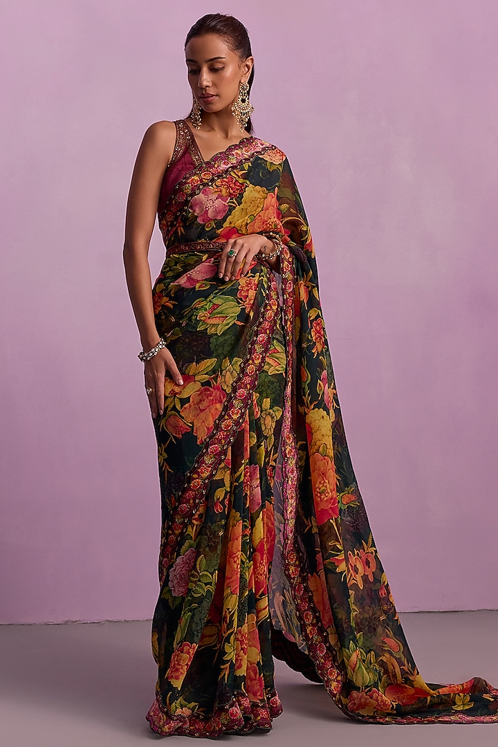 Black Organza Floral Saree Set by Kalista at Pernia's Pop Up Shop