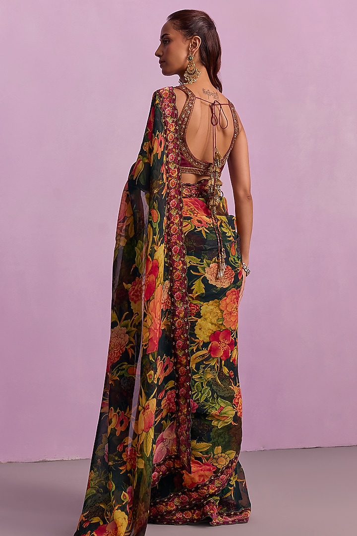 Black Organza Floral Wedding Saree Set by Kalista at Pernia's Pop Up Shop