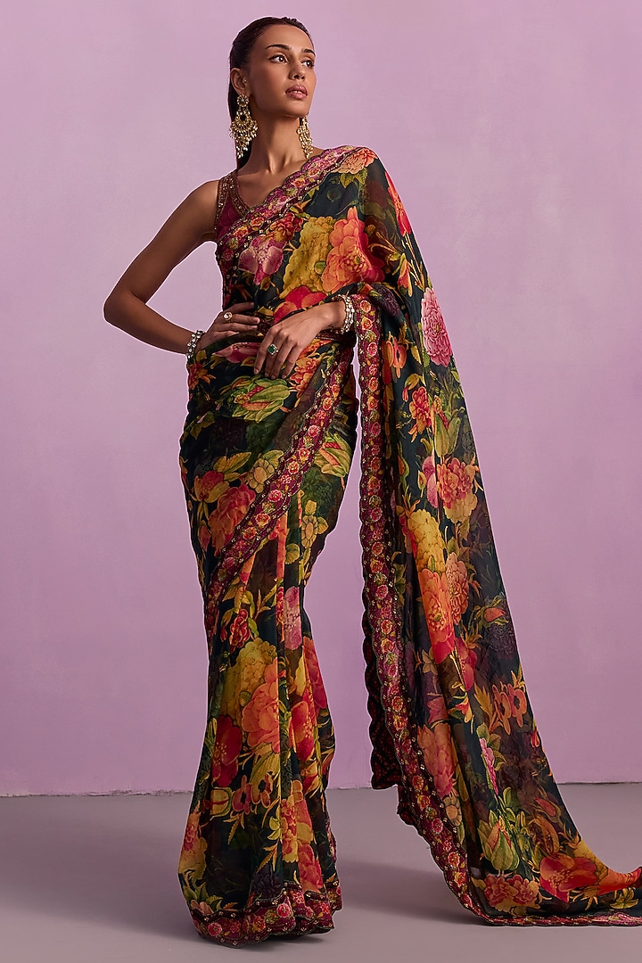 Black Organza Floral Wedding Saree Set by Kalista at Pernia's Pop Up Shop