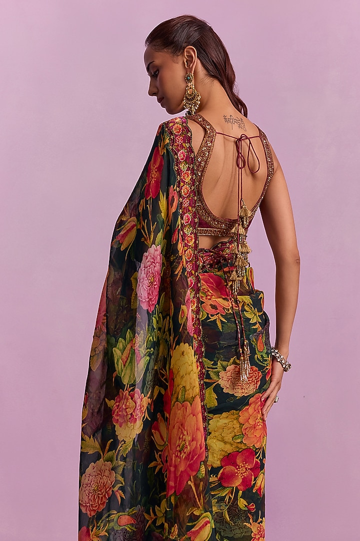 Black Organza Floral Wedding Saree Set by Kalista at Pernia's Pop Up Shop