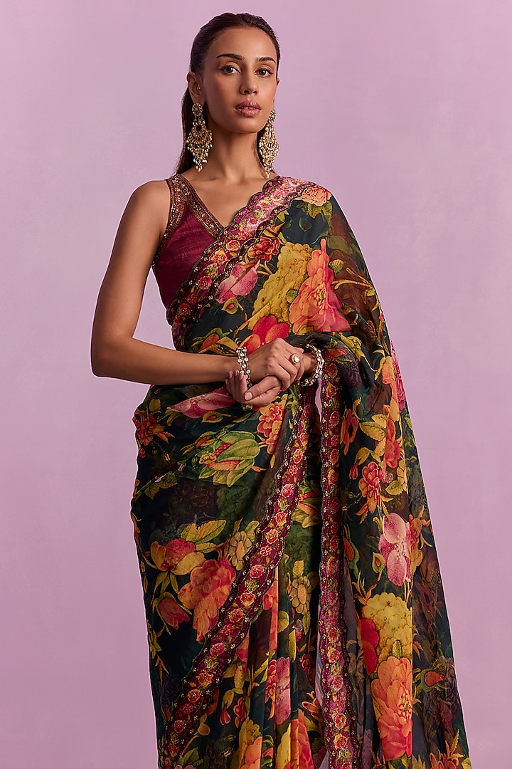 Black Organza Floral Wedding Saree Set by Kalista at Pernia's Pop Up Shop