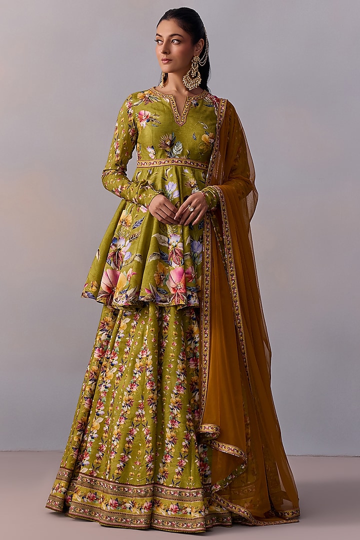 Olive Green Viscose Silk Floral Printed Flared Wedding Lehenga Set by Kalista at Pernia's Pop Up Shop