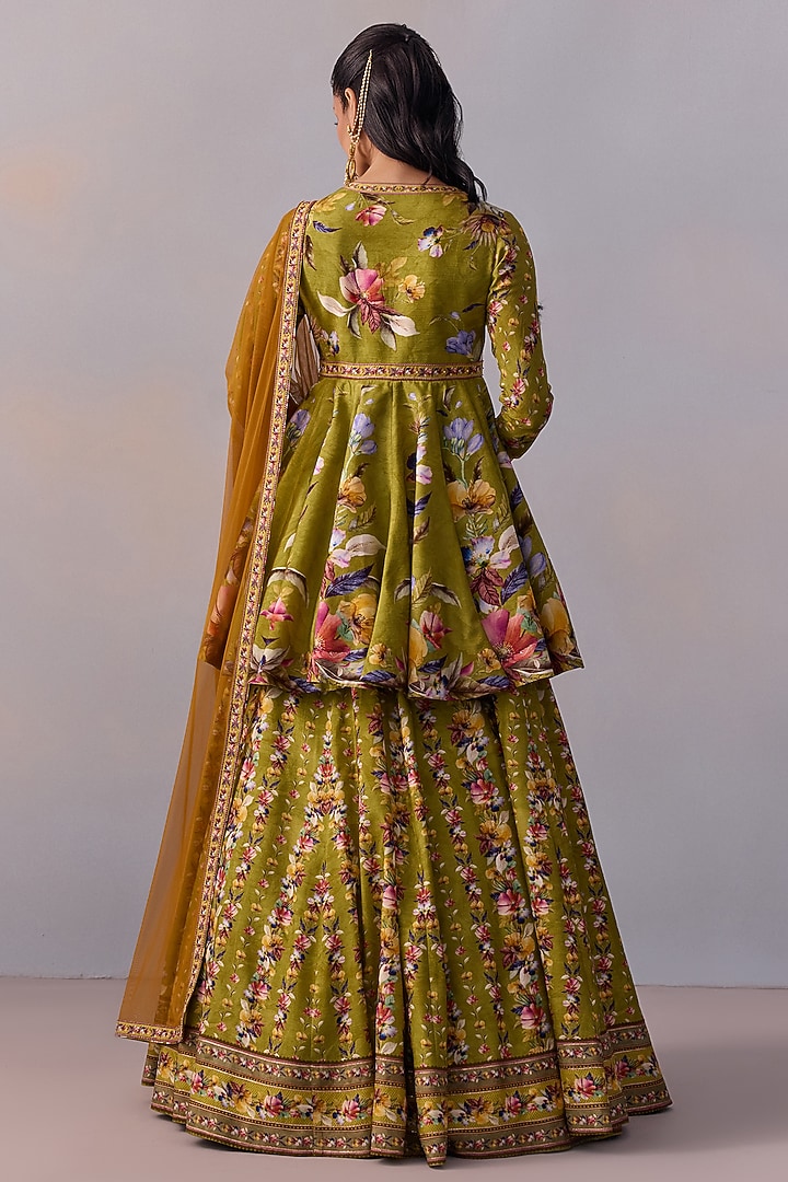 Olive Green Viscose Silk Floral Printed Flared Wedding Lehenga Set by Kalista at Pernia's Pop Up Shop