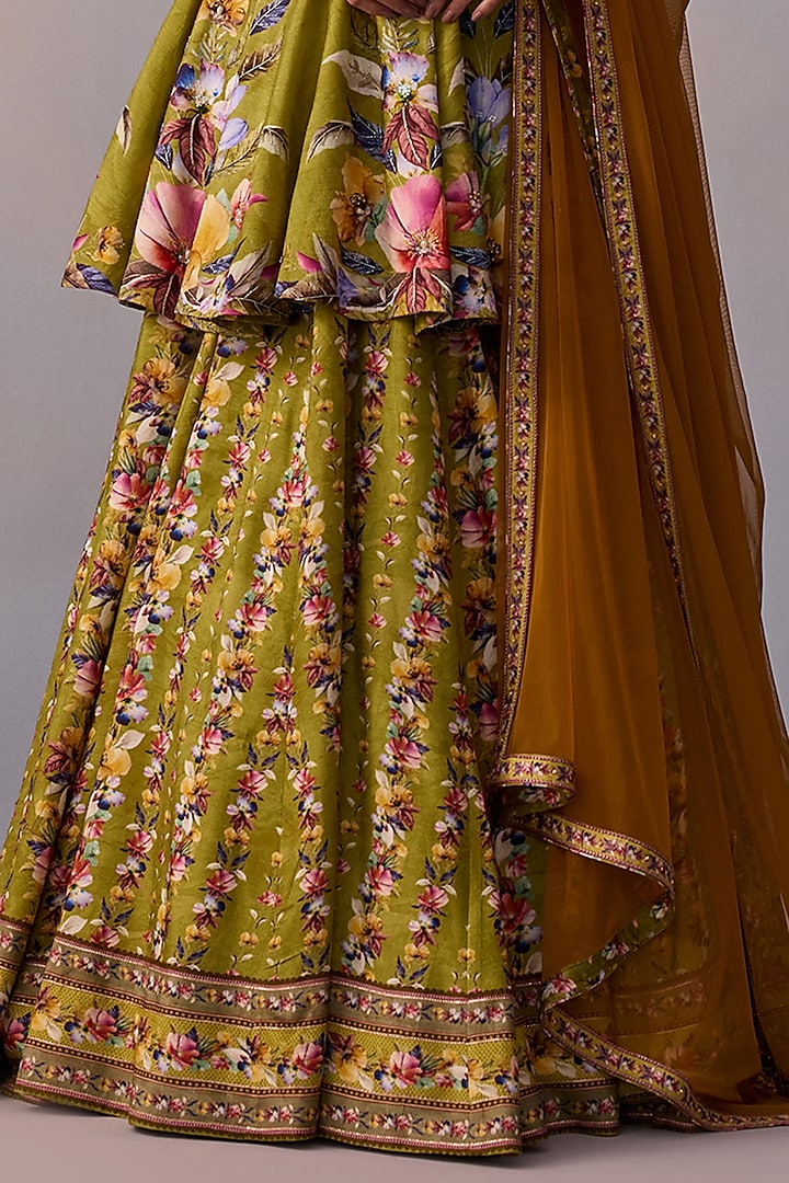 Olive Green Viscose Silk Floral Printed Flared Wedding Lehenga Set by Kalista at Pernia's Pop Up Shop