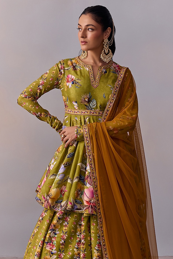 Olive Green Viscose Silk Floral Printed Flared Wedding Lehenga Set by Kalista at Pernia's Pop Up Shop