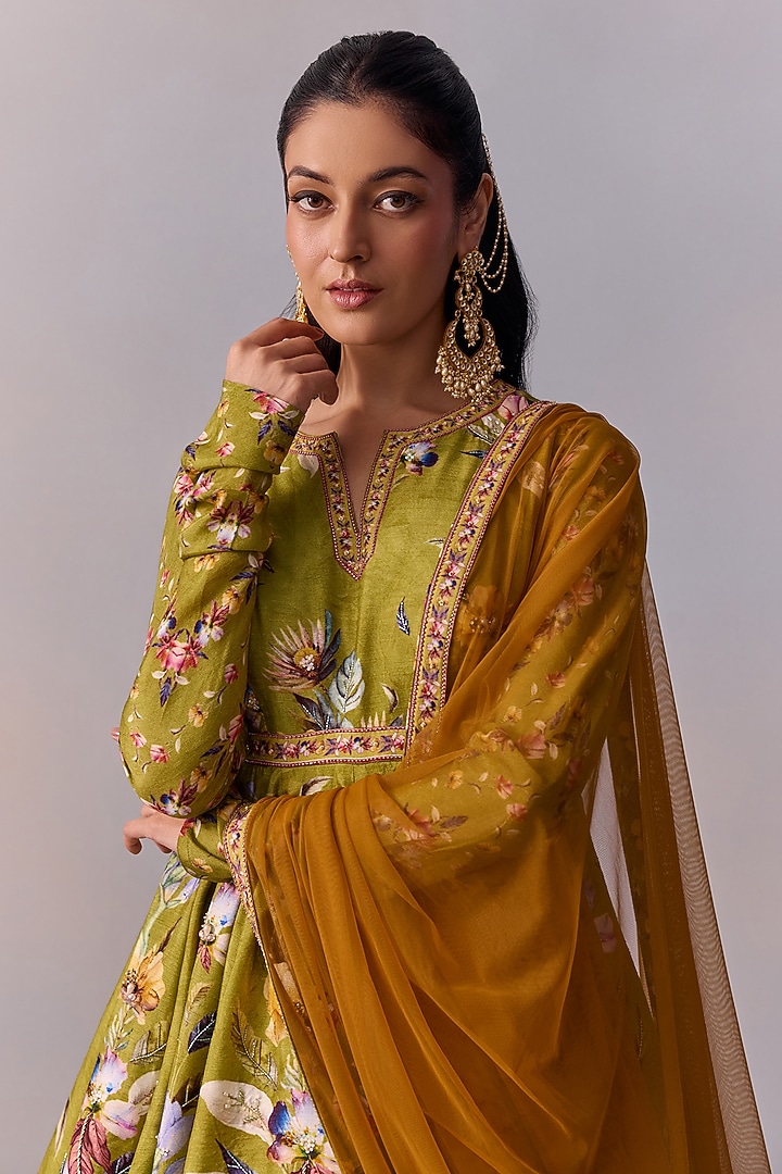 Olive Green Viscose Silk Floral Printed Flared Wedding Lehenga Set by Kalista at Pernia's Pop Up Shop