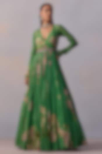 Forest Green Viscose Georgette Embroidered Floral Anarkali Set by Kalista