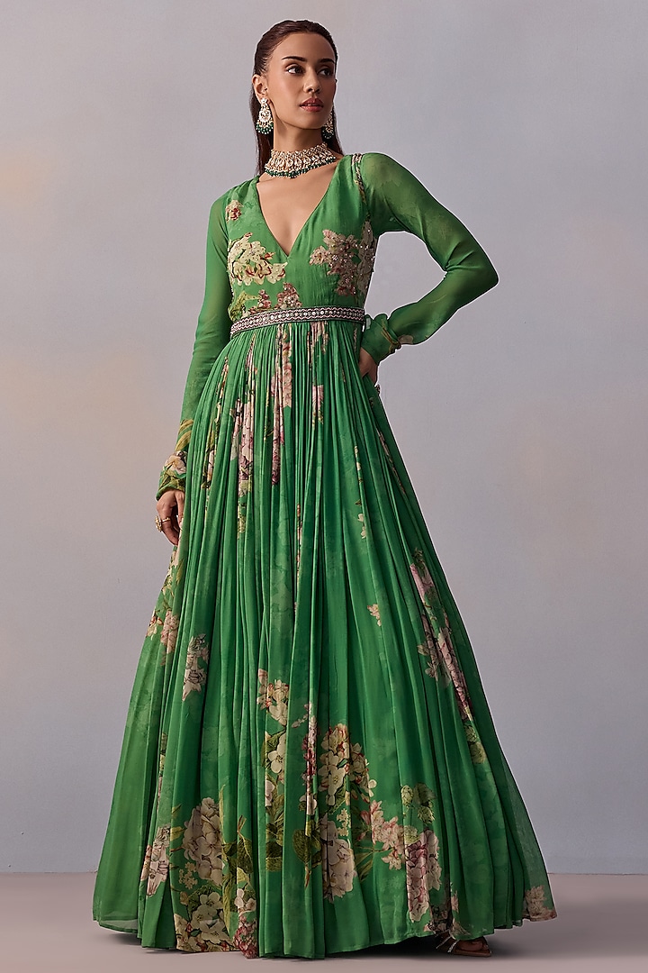 Forest Green Viscose Georgette Embroidered Floral Anarkali Set by Kalista