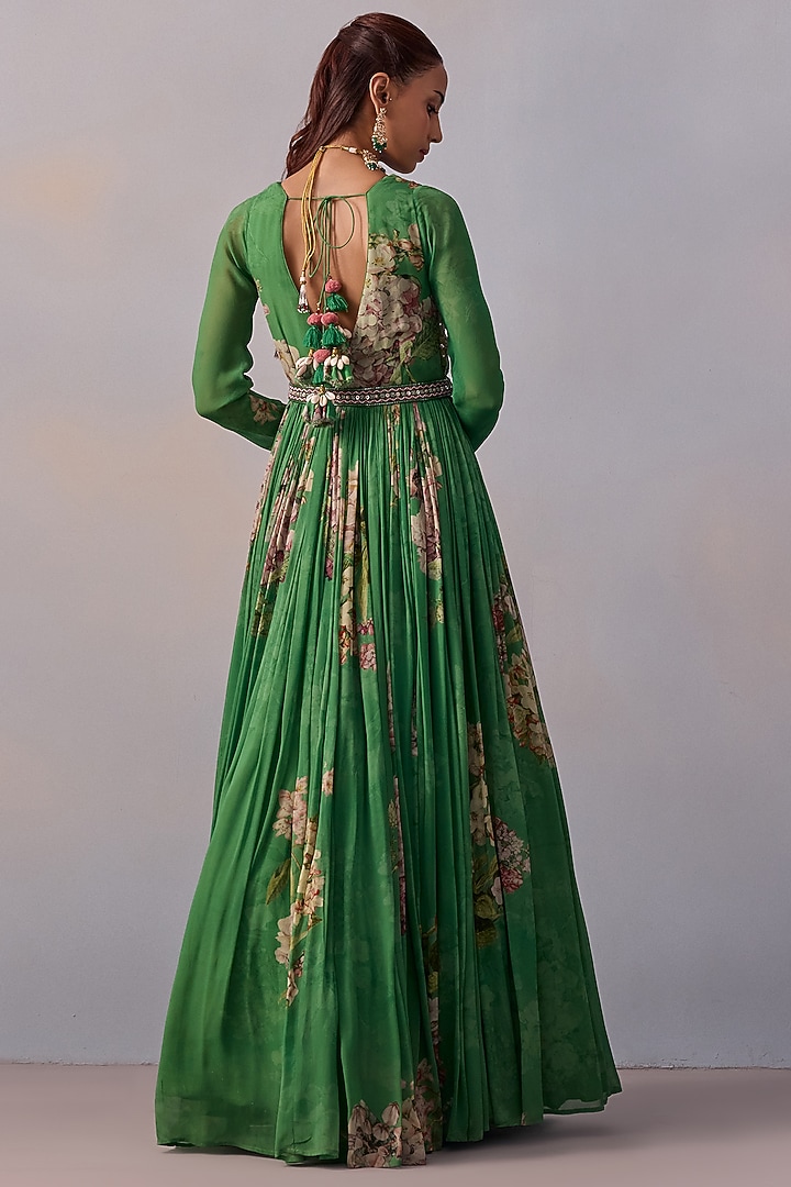 Forest Green Viscose Georgette Embroidered Floral Wedding Anarkali Set by Kalista at Pernia's Pop Up Shop