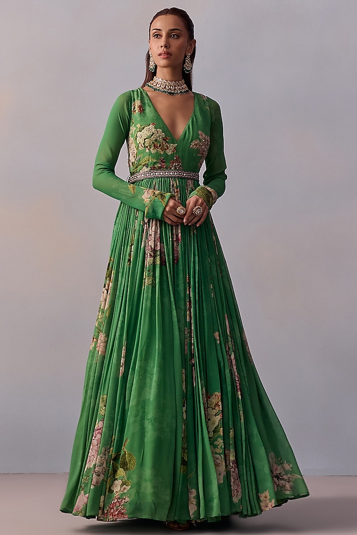 Forest Green Viscose Georgette Embroidered Floral Wedding Anarkali Set by Kalista at Pernia's Pop Up Shop