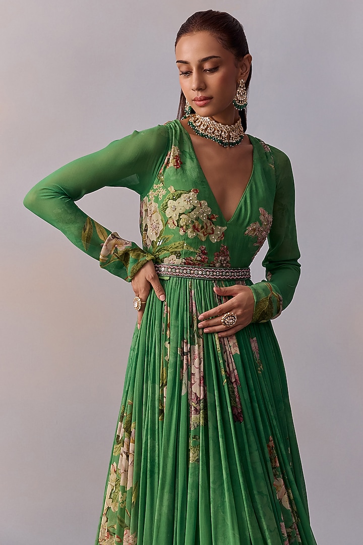 Forest Green Viscose Georgette Embroidered Floral Wedding Anarkali Set by Kalista at Pernia's Pop Up Shop