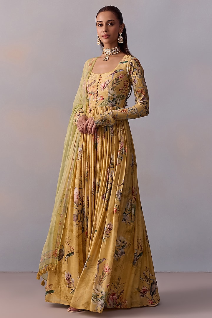Lime Yellow Cotton Silk Floral Party Wear Anarkali Set by Kalista at Pernia's Pop Up Shop