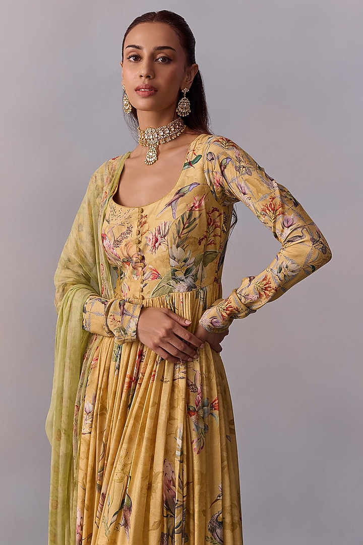 Lime Yellow Cotton Silk Floral Party Wear Anarkali Set by Kalista at Pernia's Pop Up Shop