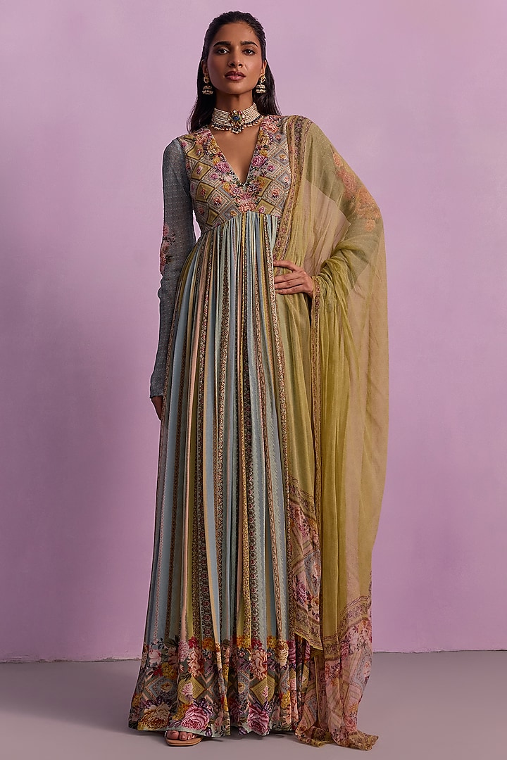 Olive Green Viscose Georgette Beads & Sequins Embroidered Anarkali Set by Kalista at Pernia's Pop Up Shop