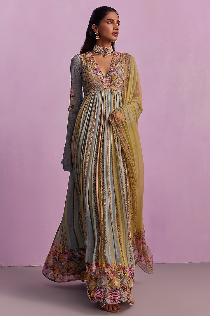 Olive Green Viscose Georgette Beads & Sequins Embroidered Wedding Anarkali Set by Kalista at Pernia's Pop Up Shop