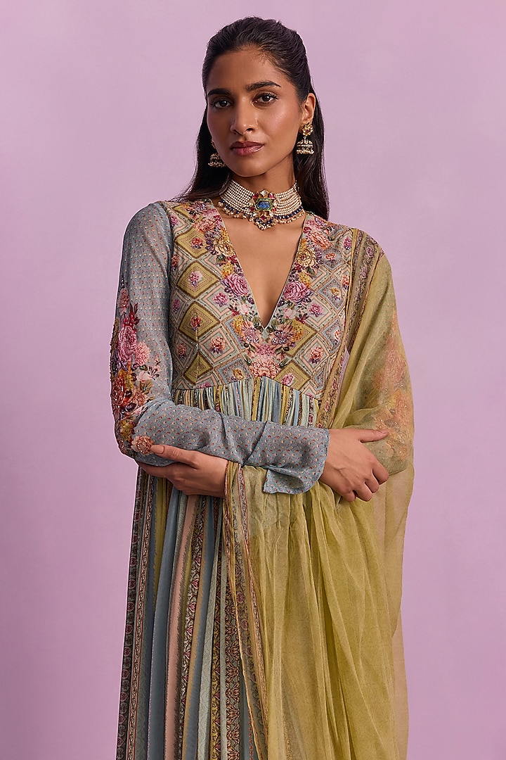 Olive Green Viscose Georgette Beads & Sequins Embroidered Wedding Anarkali Set by Kalista at Pernia's Pop Up Shop