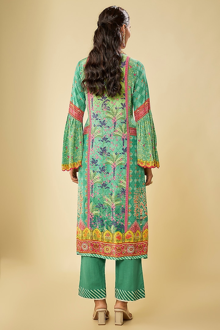 Green Crepe Hand Embroidered Kurta Set by Kalista at Pernia's Pop Up Shop