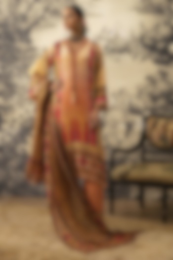 Peach Tabby Silk & Crepe Embroidered A-Line Kurta Set by Kalista at Pernia's Pop Up Shop