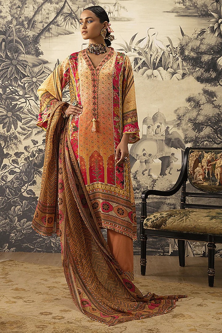 Peach Tabby Silk & Crepe Embroidered A-Line Kurta Set by Kalista at Pernia's Pop Up Shop