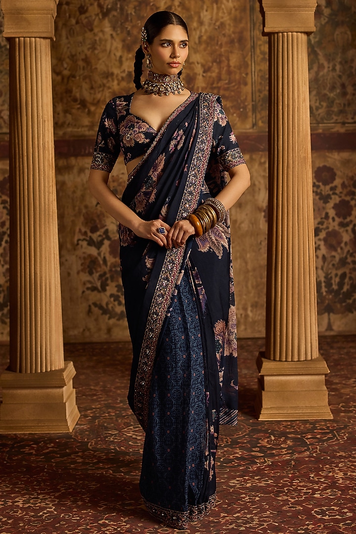 Midnight Blue Viscose Organza Printed Wedding Saree Set by Kalista at Pernia's Pop Up Shop