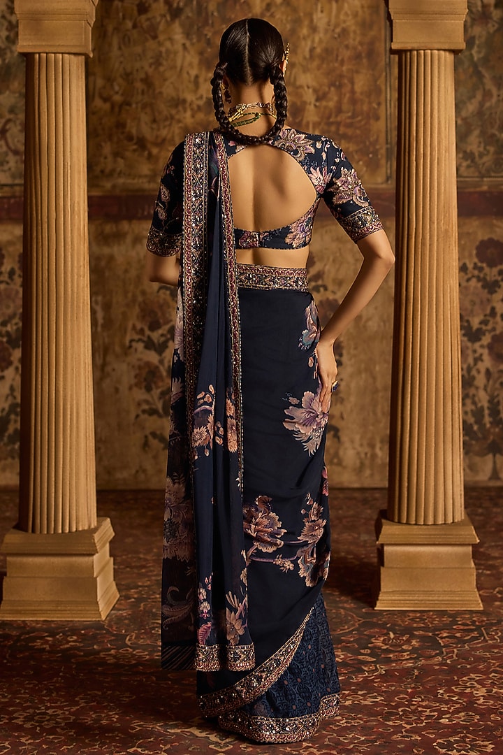 Midnight Blue Viscose Organza Printed Wedding Saree Set by Kalista at Pernia's Pop Up Shop