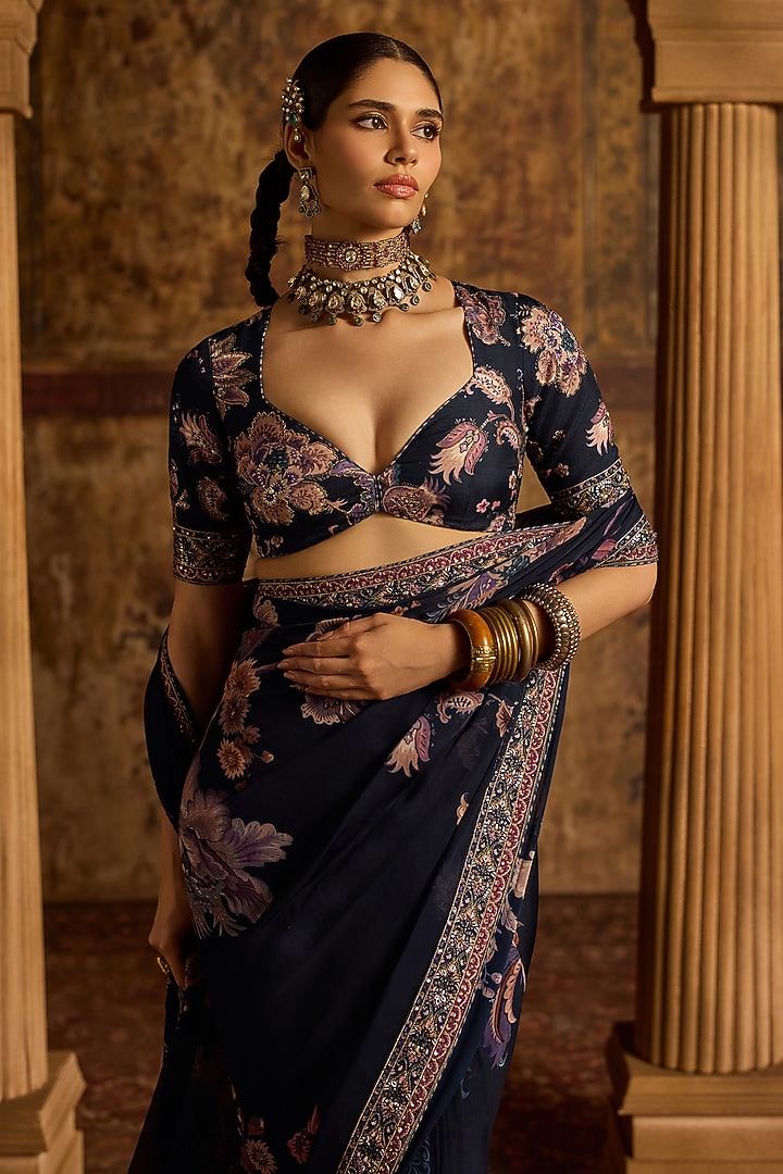 Midnight Blue Viscose Organza Printed Wedding Saree Set by Kalista at Pernia's Pop Up Shop