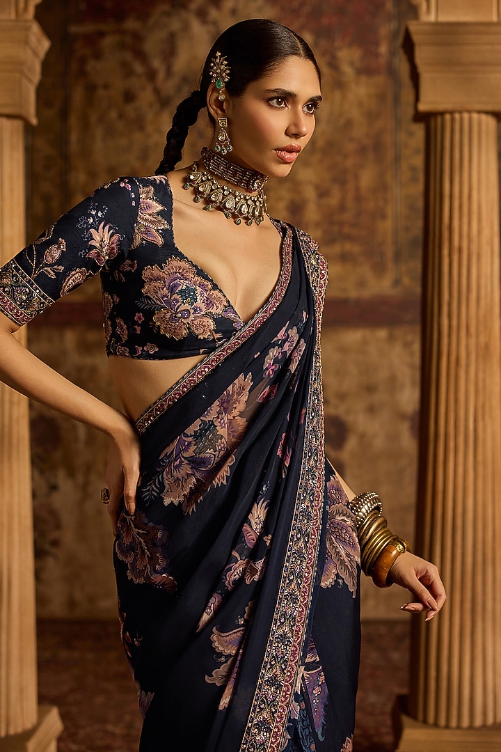 Midnight Blue Viscose Organza Printed Wedding Saree Set by Kalista at Pernia's Pop Up Shop