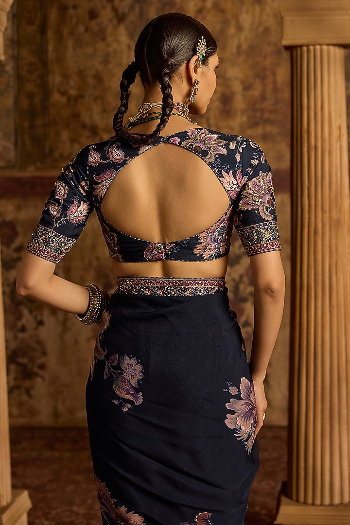 Midnight Blue Viscose Organza Printed Wedding Saree Set by Kalista at Pernia's Pop Up Shop