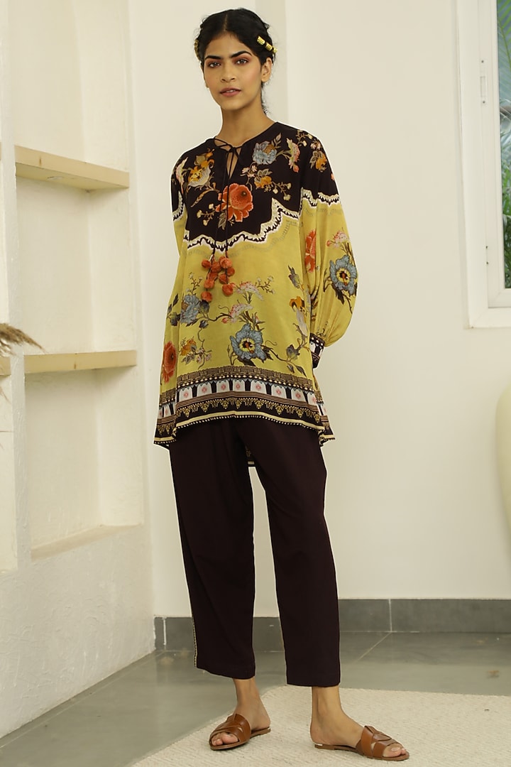 Black & Butter Yellow Floral Printed Short Tunic Set by Kalista at Pernia's Pop Up Shop