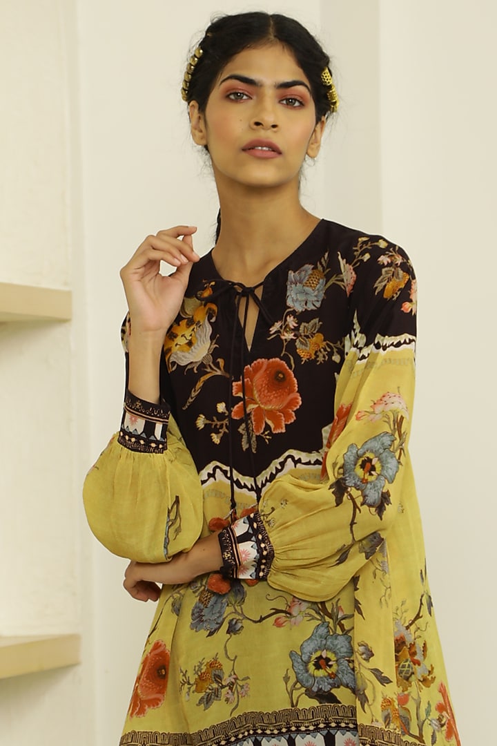 Black & Butter Yellow Floral Printed Short Tunic Set by Kalista at Pernia's Pop Up Shop