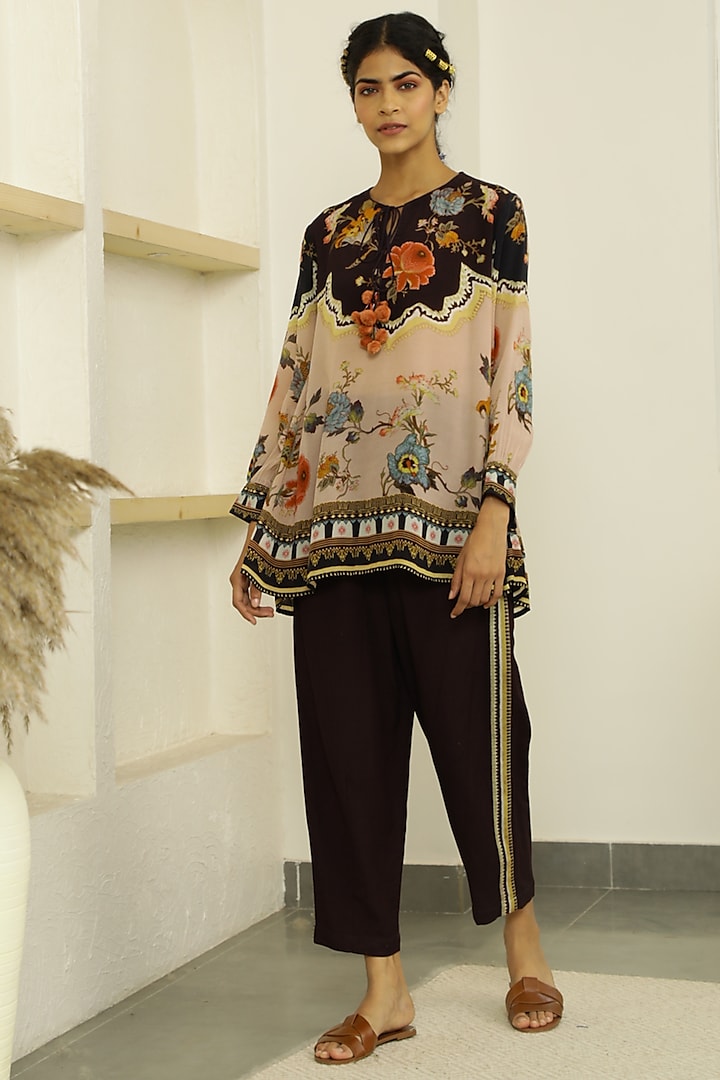 Black & Dusty Peach Floral Printed Short Tunic Set by Kalista at Pernia's Pop Up Shop