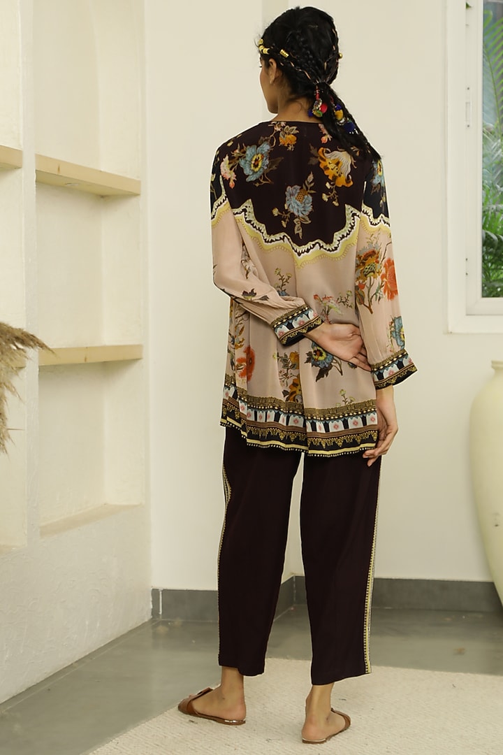 Black & Dusty Peach Floral Printed Short Tunic Set by Kalista at Pernia's Pop Up Shop
