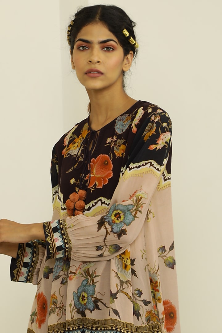 Black & Dusty Peach Floral Printed Short Tunic Set by Kalista at Pernia's Pop Up Shop