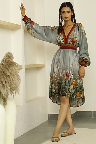 Grey Tropical Printed Knee-Length Dress by Kalista