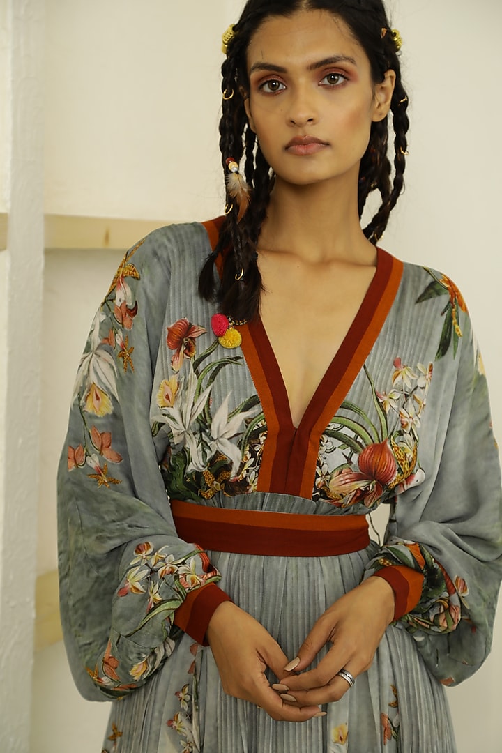 Grey Tropical Printed Knee-Length Summer Dress by Kalista at Pernia's Pop Up Shop