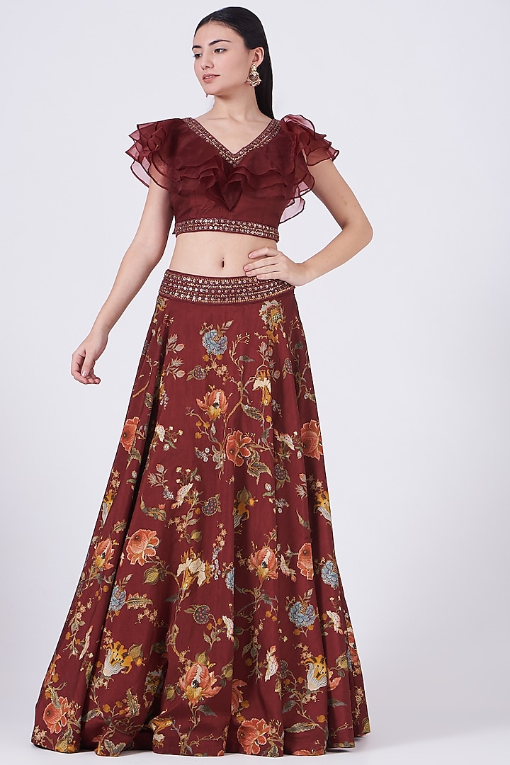 Maroon Dola Silk Wedding Lehenga Set by Kalista at Pernia's Pop Up Shop