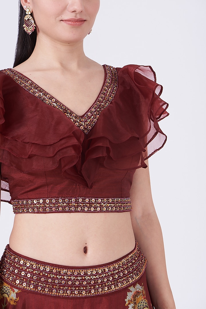 Maroon Dola Silk Wedding Lehenga Set by Kalista at Pernia's Pop Up Shop